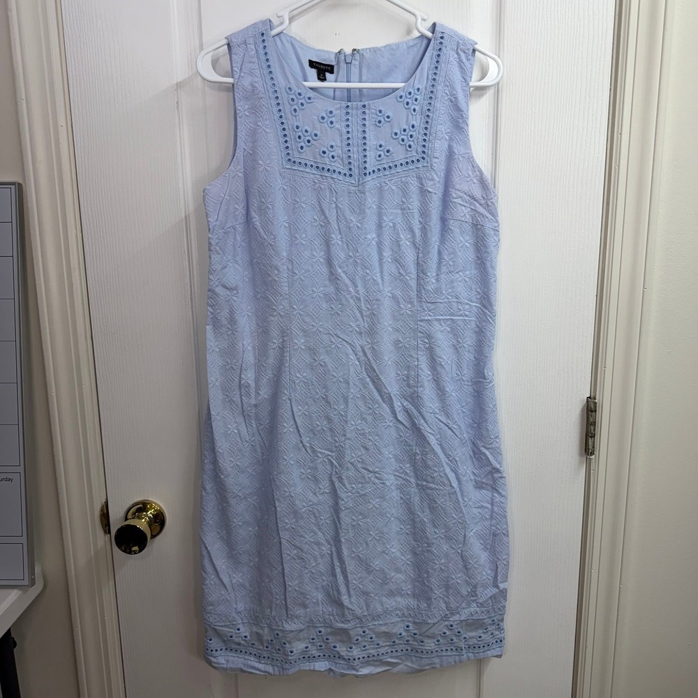 Talbots light blue eyelet sheath 100% cotton sleeveless lined knee dress 6